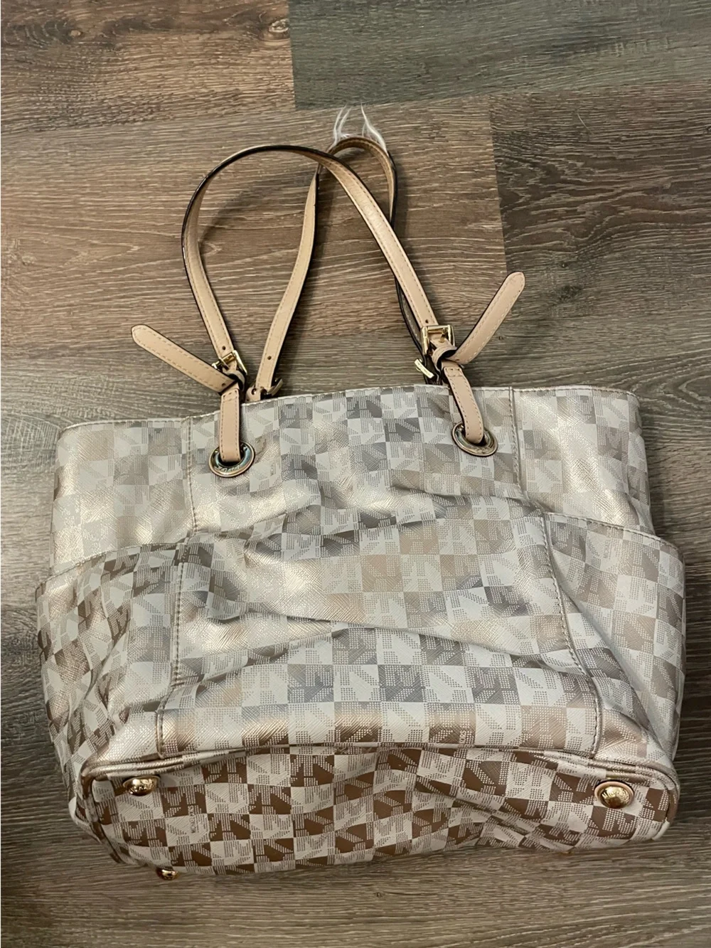 Michael Kors Metallic Beige Checkered Shoulder Tote Tan Leather Straps